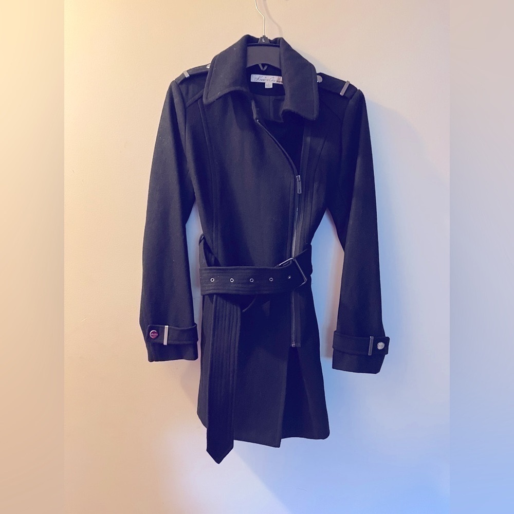 kenneth Cole Black Wool Blend Belted Trench - Picture 2 of 8